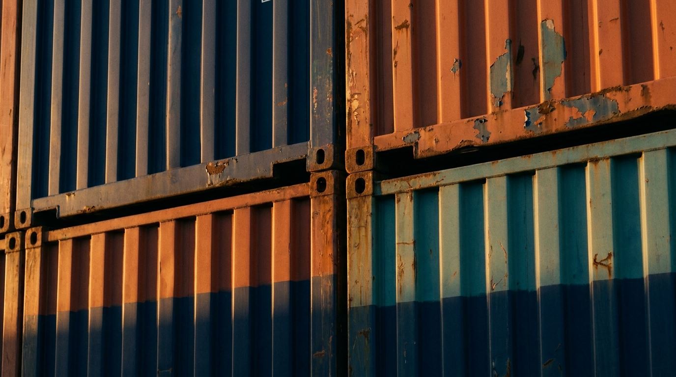 Stacked shipping containers at dusk